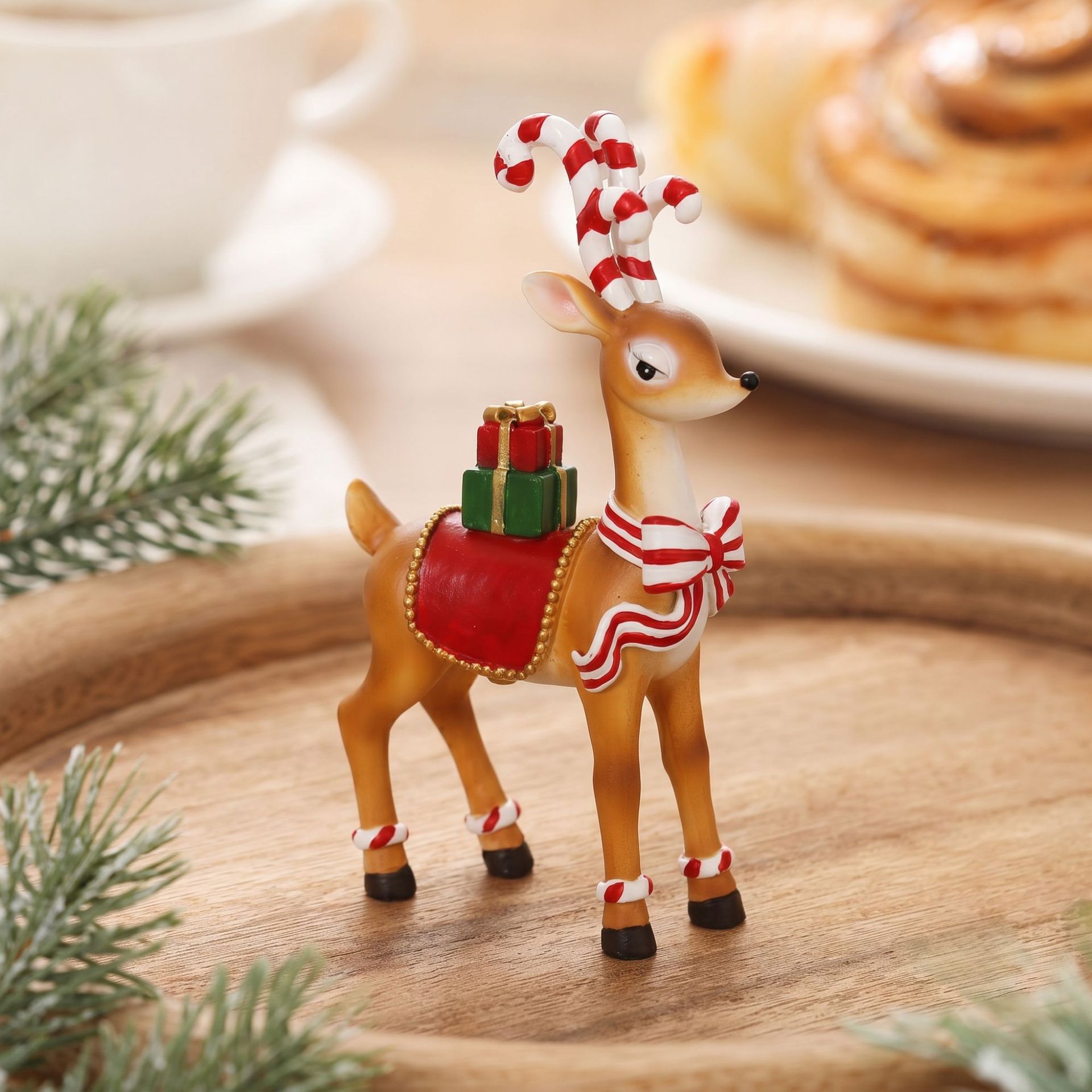 Xmas Resin Art - Resin Christmas Reindeer Figurine, Candy Cane